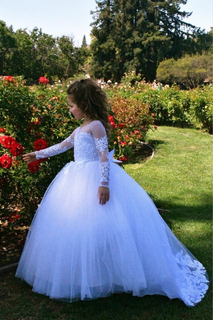 Weiße Blumenmädchenkleider Spitze | Kinder Hochzeitskleider mit Ärmel