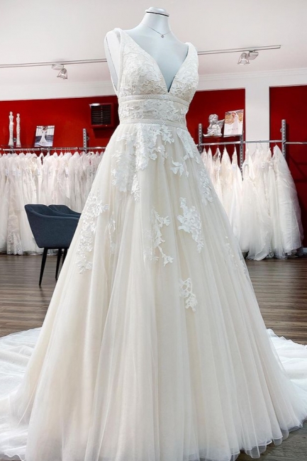Elegante Hochzeitskleider V Ausschnitt | Brautkleider A Linie Spitze