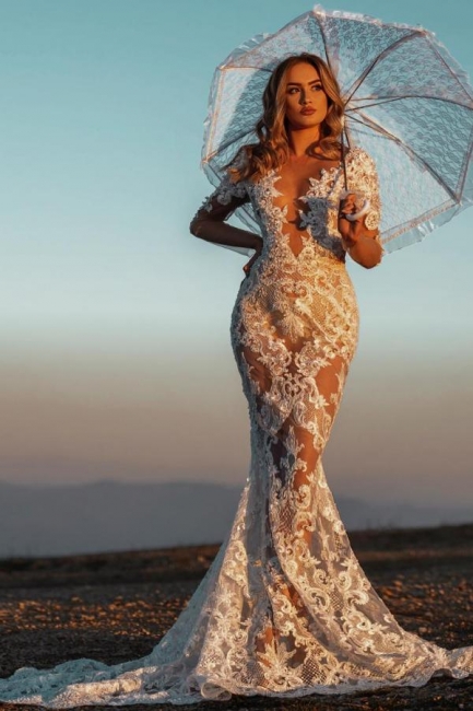 Wunderschöne Brautkleider Meerjungfrau Spitze | Hochzeitskleider mit Ärmel