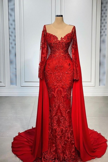 Rote Abendkleider Lang Spitze | Abiballkleider mit Ärmel