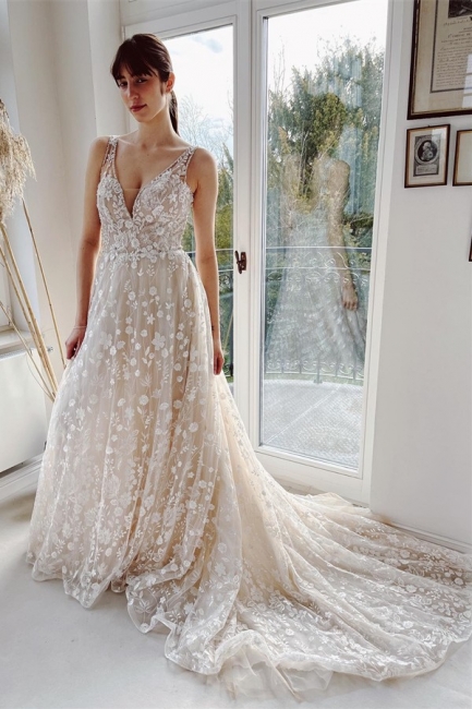 Elegante Brautkleid V Ausschnitt | Hochzeitskleider A Linie Spitze