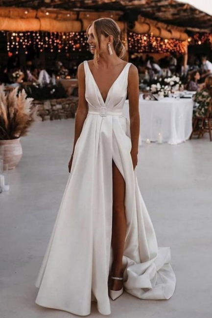 Schliche Brautkleider V Ausschnitt | Hochzeitskleider Satin Günstig