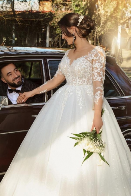 Elegante Hochzeitskleider mit Ärmel | Brautkleider A Linie Spitze