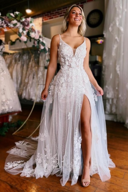 Sexy Brautkleider A Linie Spitze | Hochzeitskleider mit Glitzer