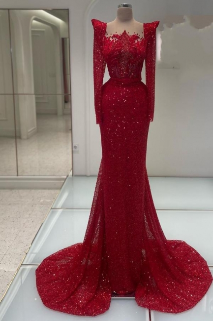 Rote Abendkleider Lang Glitzer | Luxus Abiballkleider mit Ärmel