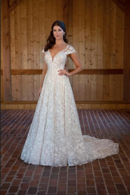 Elegante Hochzeitskleider V Ausschnitt | Brautkleider A Linie Spitze
