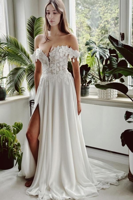 Schlichte Hochzeitskleider Chiffon | Brautkleider mit Spitze
