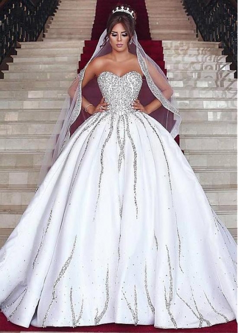 Luxury Brautkleid mit Langer Schleppe Prinzessin | Kristall Weiße Brautkleider Bodenlang