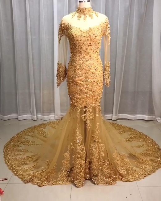 Luxus Brautkleider Spitze Gold | Hochzeitskleider Mit Ärmel Glitzer