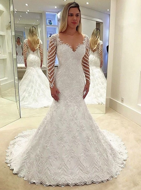 Elegante Weiße Brautkleider Spitze Günstig Hochzeitskleider Mit Ärmel