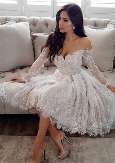 Modern Weiße Brautkleider Kurz A Linie Knielange Hochzeitskleider Mit Ärmel