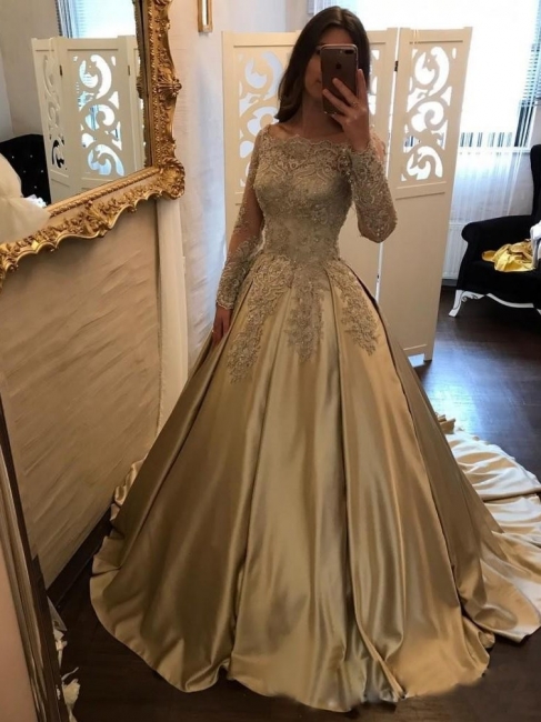 Designer Golden Brautkleider Mit Ärmel Lang Prinzessin Hochzeitskleider Günstig Online