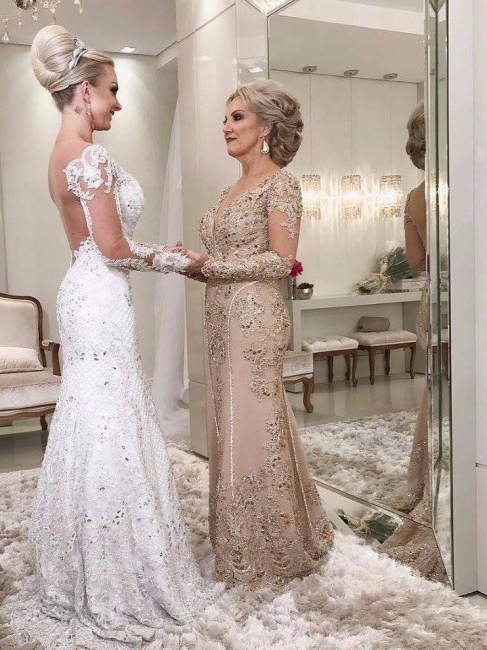 Golden Brautmutterkleider Spitze Mit Ärmel Günstig Abendkleider für Hochzeit Online