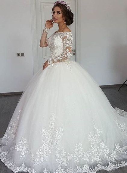 Elegante Weiße Brautkleider mit Ärmel Prinzessin Hochzeitskleider Spitze Günstig