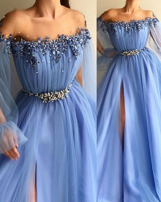 Elegante Abendkleider Lang Blau | Abiballkleider mit Ärmel_2