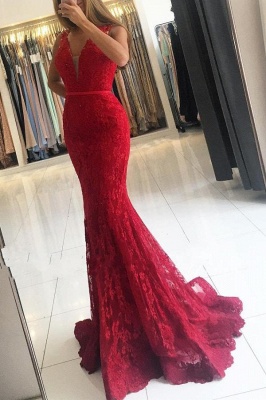 Rotes Abendkleid Lang V Ausschnitt | Abiballkleider mit Spitze_1