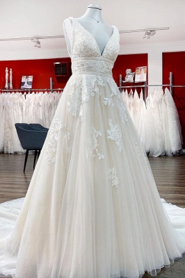 Elegante Hochzeitskleider V Ausschnitt | Brautkleider A Linie Spitze_1