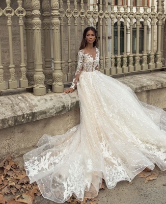 Elegante Hochzeitskleider A Linie Spitze | Brautkleider mit Ärmel_2