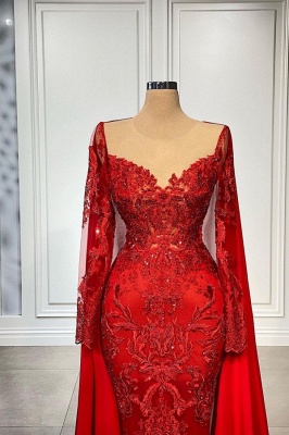 Rote Abendkleider Lang Spitze | Abiballkleider mit Ärmel_2