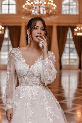 Schöne Brautkleider A Linie Spitze | Hochzeitskleider mit Ärmel_2