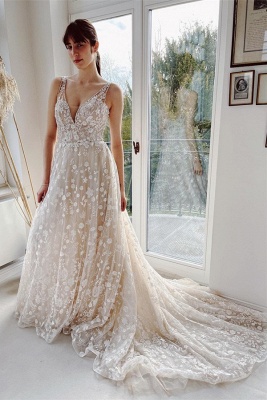 Elegante Brautkleid V Ausschnitt | Hochzeitskleider A Linie Spitze_1