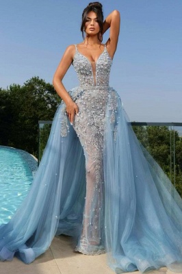 Luxurious Abendkleider Lang V Ausschnitt | Blaue Abiballkleider mit Glitzer_1