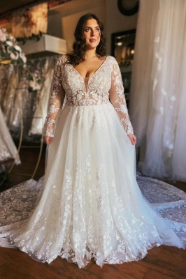 Fashion Hochzeitskleider mit Spitze Ärmel | Brautkleid A Linie Große Größe