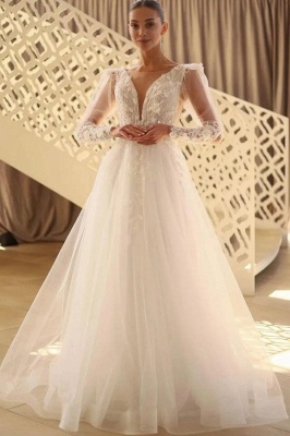 Wunderschöne Brautkleider V Ausschnitt | A Linie Hochzeitskleider mit Ärmel