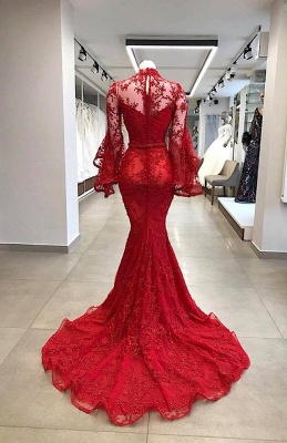 Elegante Abendkleider Rot Spitze | Abiballkleider Lang Mit Ärmel_3