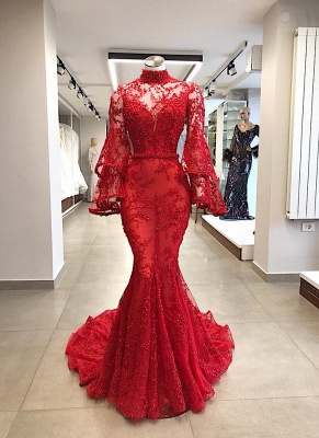 Elegante Abendkleider Rot Spitze | Abiballkleider Lang Mit Ärmel_1