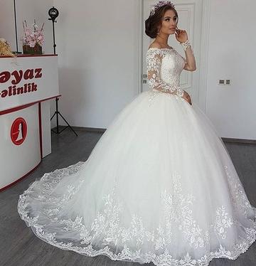 Elegante Weiße Brautkleider mit Ärmel Prinzessin Hochzeitskleider Spitze Günstig_3